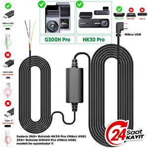 360+ Botslab G300h Pro/hk30 Pro Araç İçi Kamera 24 Saat Park Modu Kiti Akü Bağlantı Kablosu (micro Usb)