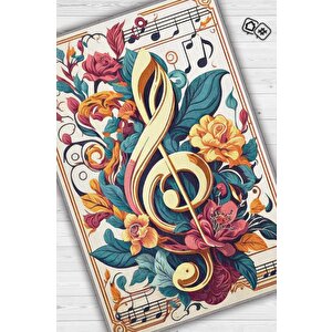 Çiçek Desenli Müzik Halısı,sol Anahtarı Ve Notalı Halı,çok Renkli Krem Müzik Sever Halısı,müzik Sınıfı Halısı 120x180 cm