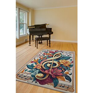 Çiçek Desenli Müzik Halısı,sol Anahtarı Ve Notalı Halı,çok Renkli Krem Müzik Sever Halısı,müzik Sınıfı Halısı 160x240 cm