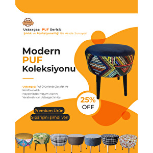 Premium Puf Koltuk Tabure - Etna Gökkuşağı Mavi - Ahşap Gürgen Ayaklı