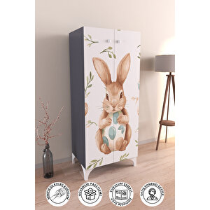 Pretty Rabit 3 Raflı Çocuk Odası Dolabı Çok Amaçlı Baskılı Oyuncak Dolabı Antrasit