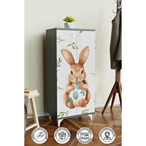 Pretty Rabit 3 Raflı Çocuk Odası Dolabı Çok Amaçlı Baskılı Oyuncak Dolabı Antrasit