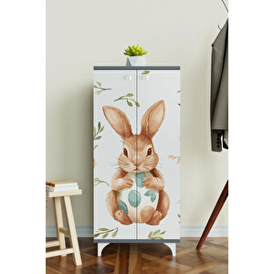 Pretty Rabit 3 Raflı Çocuk Odası Dolabı Çok Amaçlı Baskılı Oyuncak Dolabı Antrasit