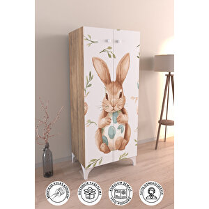 Pretty Rabit 3 Raflı Çocuk Odası Dolabı Çok Amaçlı Baskılı Oyuncak Dolabı Ahşap