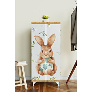 Pretty Rabit 3 Raflı Çocuk Odası Dolabı Çok Amaçlı Baskılı Oyuncak Dolabı Ahşap