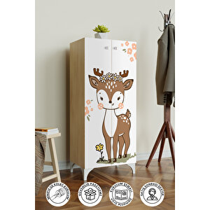 Little Fawn 3 Raflı Çocuk Odası Dolabı Çok Amaçlı Baskılı Oyuncak Dolabı Akçaağaç