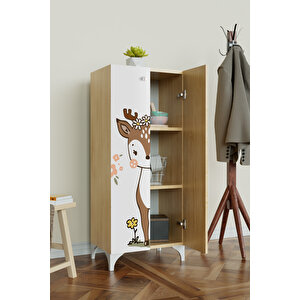 Little Fawn 3 Raflı Çocuk Odası Dolabı Çok Amaçlı Baskılı Oyuncak Dolabı Akçaağaç