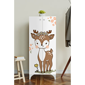 Little Fawn 3 Raflı Çocuk Odası Dolabı Çok Amaçlı Baskılı Oyuncak Dolabı Akçaağaç