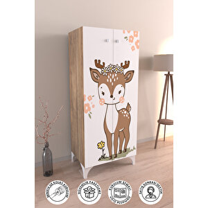 Little Fawn 3 Raflı Çocuk Odası Dolabı Çok Amaçlı Baskılı Oyuncak Dolabı Ahşap