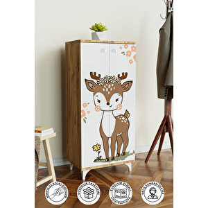 Little Fawn 3 Raflı Çocuk Odası Dolabı Çok Amaçlı Baskılı Oyuncak Dolabı Ahşap