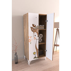 Little Fawn 3 Raflı Çocuk Odası Dolabı Çok Amaçlı Baskılı Oyuncak Dolabı Ahşap