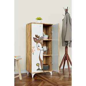 Little Fawn 3 Raflı Çocuk Odası Dolabı Çok Amaçlı Baskılı Oyuncak Dolabı Ahşap