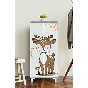 Little Fawn 3 Raflı Çocuk Odası Dolabı Çok Amaçlı Baskılı Oyuncak Dolabı Ahşap