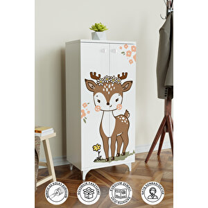 Little Fawn 3 Raflı Çocuk Odası Dolabı Çok Amaçlı Baskılı Oyuncak Dolabı Beyaz
