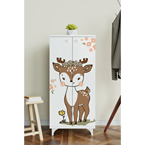 Little Fawn 3 Raflı Çocuk Odası Dolabı Çok Amaçlı Baskılı Oyuncak Dolabı Beyaz