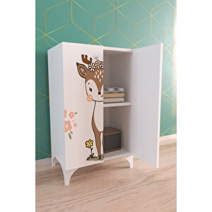 Little Fawn 2 Raflı Çocuk Odası Dolabı Çok Amaçlı Baskılı Oyuncak Dolabı