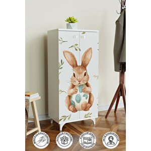 Pretty Rabit 3 Raflı Çocuk Odası Dolabı Çok Amaçlı Baskılı Oyuncak Dolabı Beyaz
