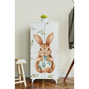 Pretty Rabit 3 Raflı Çocuk Odası Dolabı Çok Amaçlı Baskılı Oyuncak Dolabı Beyaz