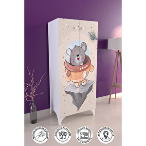 Little Astronaut 3 Raflı Çocuk Odası Dolabı Çok Amaçlı Baskılı Oyuncak Dolabı