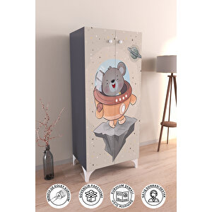 Little Astronaut 3 Raflı Çocuk Odası Dolabı Çok Amaçlı Baskılı Oyuncak Dolabı