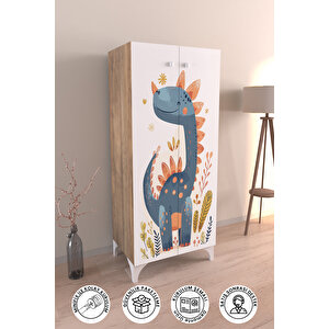 Minik Dino 3 Raflı Çocuk Odası Dolabı Çok Amaçlı Baskılı Oyuncak Dolabı Ahşap