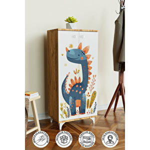 Minik Dino 3 Raflı Çocuk Odası Dolabı Çok Amaçlı Baskılı Oyuncak Dolabı Ahşap