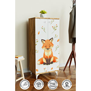 Foxie 3 Raflı Çocuk Odası Dolabı Çok Amaçlı Baskılı Oyuncak Dolabı Ahşap