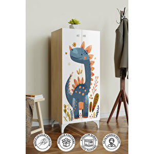 Minik Dino 3 Raflı Çocuk Odası Dolabı Çok Amaçlı Baskılı Oyuncak Dolabı Akçaağaç