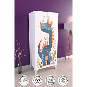 Minik Dino 3 Raflı Çocuk Odası Dolabı Çok Amaçlı Baskılı Oyuncak Dolabı Beyaz