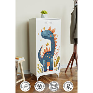 Minik Dino 3 Raflı Çocuk Odası Dolabı Çok Amaçlı Baskılı Oyuncak Dolabı Beyaz