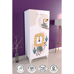 Jungle Animals 3 Raflı Çocuk Odası Dolabı Çok Amaçlı Baskılı Oyuncak Dolabı Beyaz