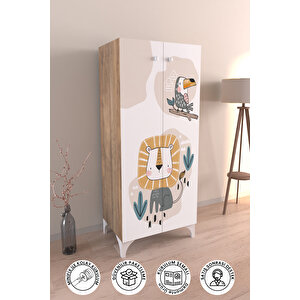 Jungle Animals 3 Raflı Çocuk Odası Dolabı Çok Amaçlı Baskılı Oyuncak Dolabı Ahşap