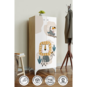 Jungle Animals 3 Raflı Çocuk Odası Dolabı Çok Amaçlı Baskılı Oyuncak Dolabı Akçaağaç