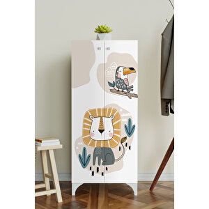 Jungle Animals 3 Raflı Çocuk Odası Dolabı Çok Amaçlı Baskılı Oyuncak Dolabı Akçaağaç
