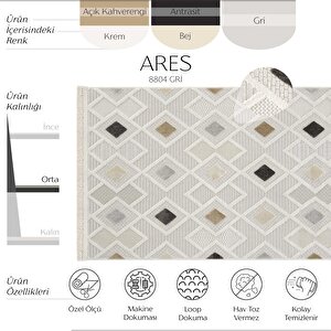 Ares 8804 Gri Salon Halısı Bohem Halı Koridor Halısı Kesme Halı Yolluk Oturma Odası Halısı 80x150 cm