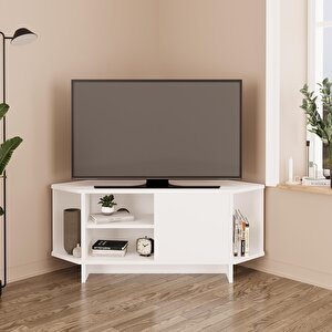 Teo B1320 Köşe Tv Ünitesi Tv Sehpası – Beyaz | Kapaklı Raflı 48 Inç Uyumlu