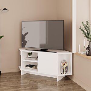 Teo B1320 Köşe Tv Ünitesi Tv Sehpası – Beyaz | Kapaklı Raflı 48 Inç Uyumlu