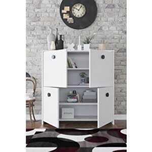 4 Kapaklı 4 Raflı Modern Dekoratif Dolap- Beyaz