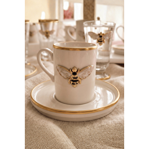 Queen Bee 2 Kişilik Dekorlu Kahve Yanı Su Bardaklı Kadehli 6 Parça Kahve Fincan Takımı