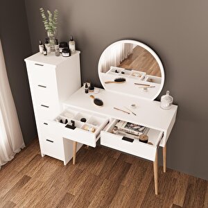 Lucy Makyaj Masası Takımı T1050 – Beyaz  Aynalı, Çekmeceli Dolaplı Set