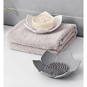 Lotus Desenli Sabun Ve Sünger Tutacağı Silikon (beyaz) Su Giderli Lotus Şekilli Şık Katı Sabunluk
