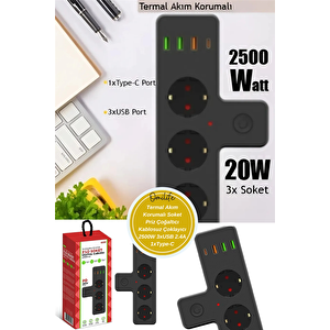 Termal Akım Korumalı Soket Priz Çoğaltıcı Kablosuz Çoklayıcı 2500w 3xusb 2.4a 1xtype-c