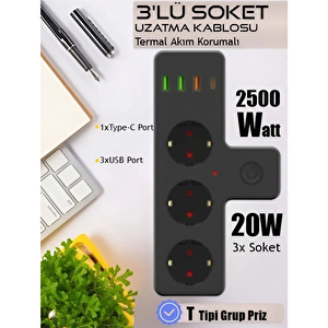 Termal Akım Korumalı Soket Priz Çoğaltıcı Kablosuz Çoklayıcı 2500w 3xusb 2.4a 1xtype-c