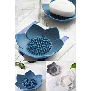 2 Adet Lotus Desenli Sabun Ve Sünger Tutacağı Silikon (mavi̇) Su Giderli Lotus Şekilli Sabunlu