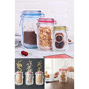 Poşet Kavanoz Görünümlü Poşet Şeffaf Kilitli Poşet Pratik Kavanoz Deseni 3 Adet Large