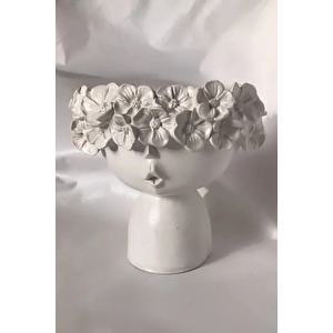 Dekoratif Çiçeklik Seramik Vazo Çiçekli Kız Beton Saksı Boyasız