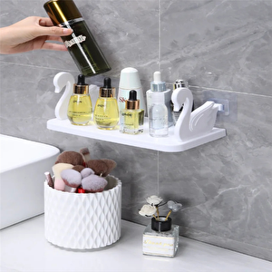 Kuğu Motifli Banyo Mutfak Ofis Baharat Rafı Kendinden Yapışkanlı Kuğu Rafı Beyaz