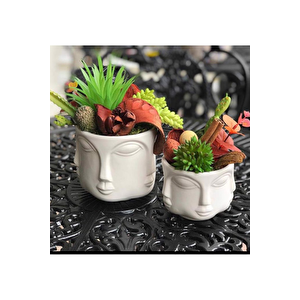 2 Li Havelka Buddha Suratlı Beyaz Boyalı Dekoratif Saksı Vazo Set