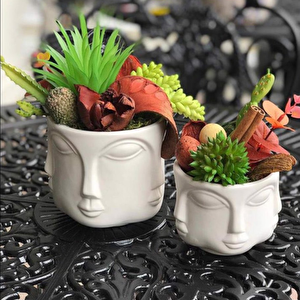 2 Li Havelka Buddha Suratlı Beyaz Boyalı Dekoratif Saksı Vazo Set