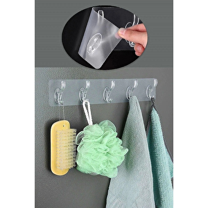Şeffaf Askı Kendinden Yapışkanlı 5 Kancalı Mutfak, Banyo Askısı